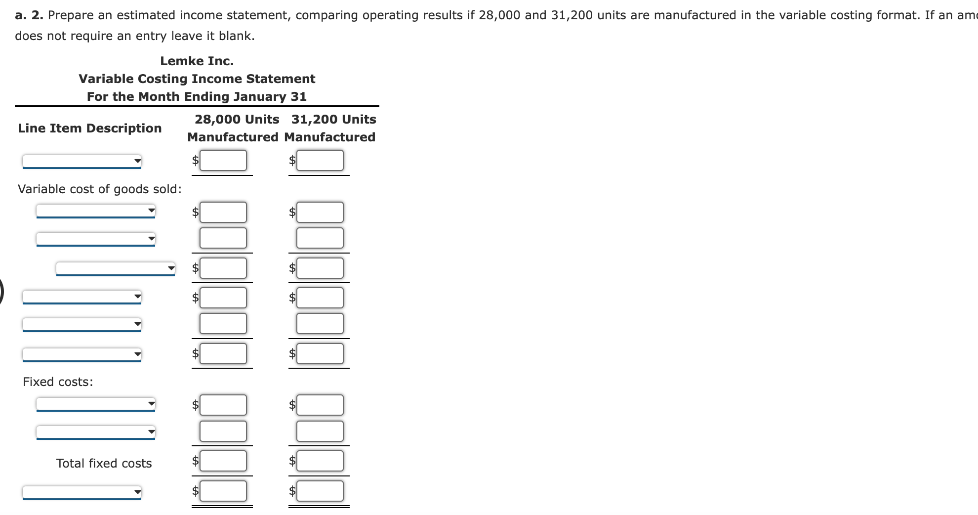 a. 2. Prepare an estimated income statement, comparing operating results if 28,000