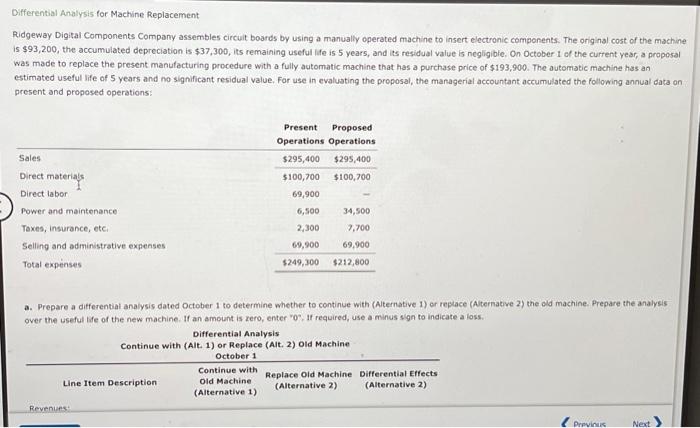 Differential Analysis for Machine Replacement Ridgeway Digital Components Company assembles circuit boards