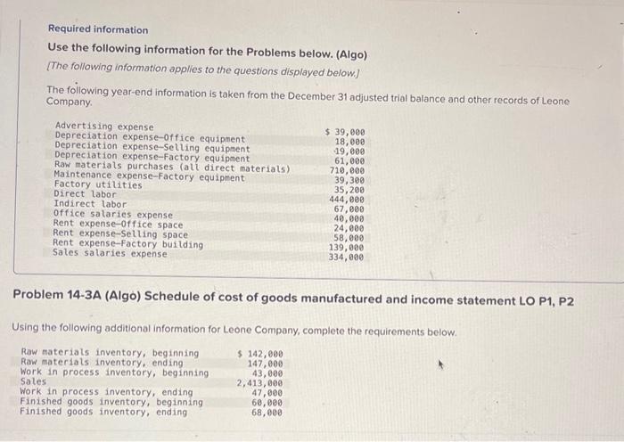 Required information Use the following information for the Problems below. (Algo) [The