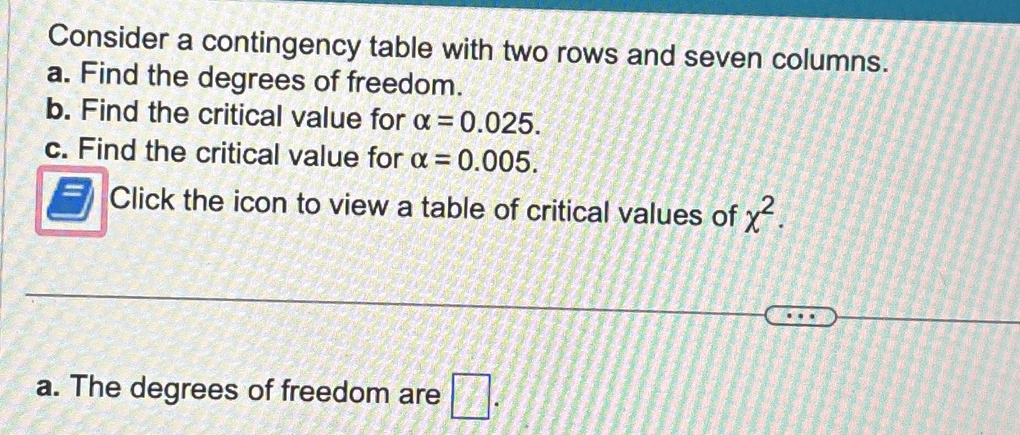Consider a contingency table with two rows and seven columns. a. Find