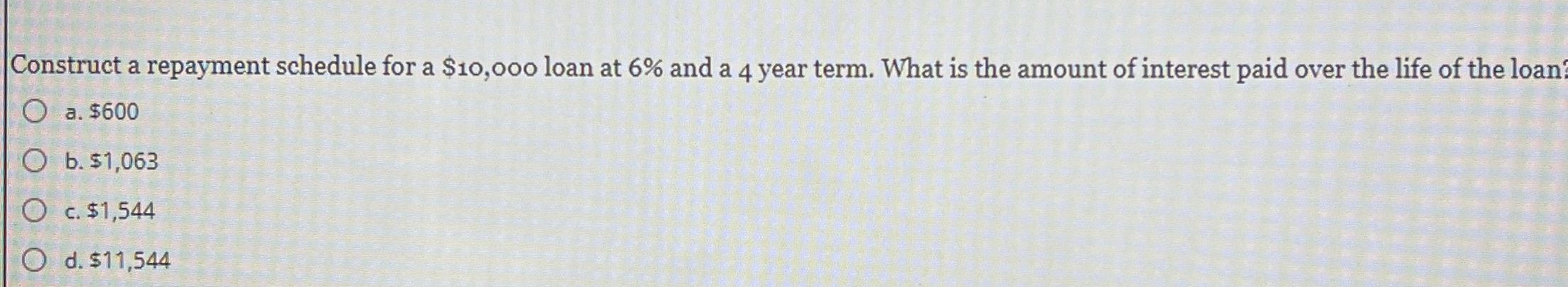 Construct a repayment schedule for a $10,000 loan at 6% and a