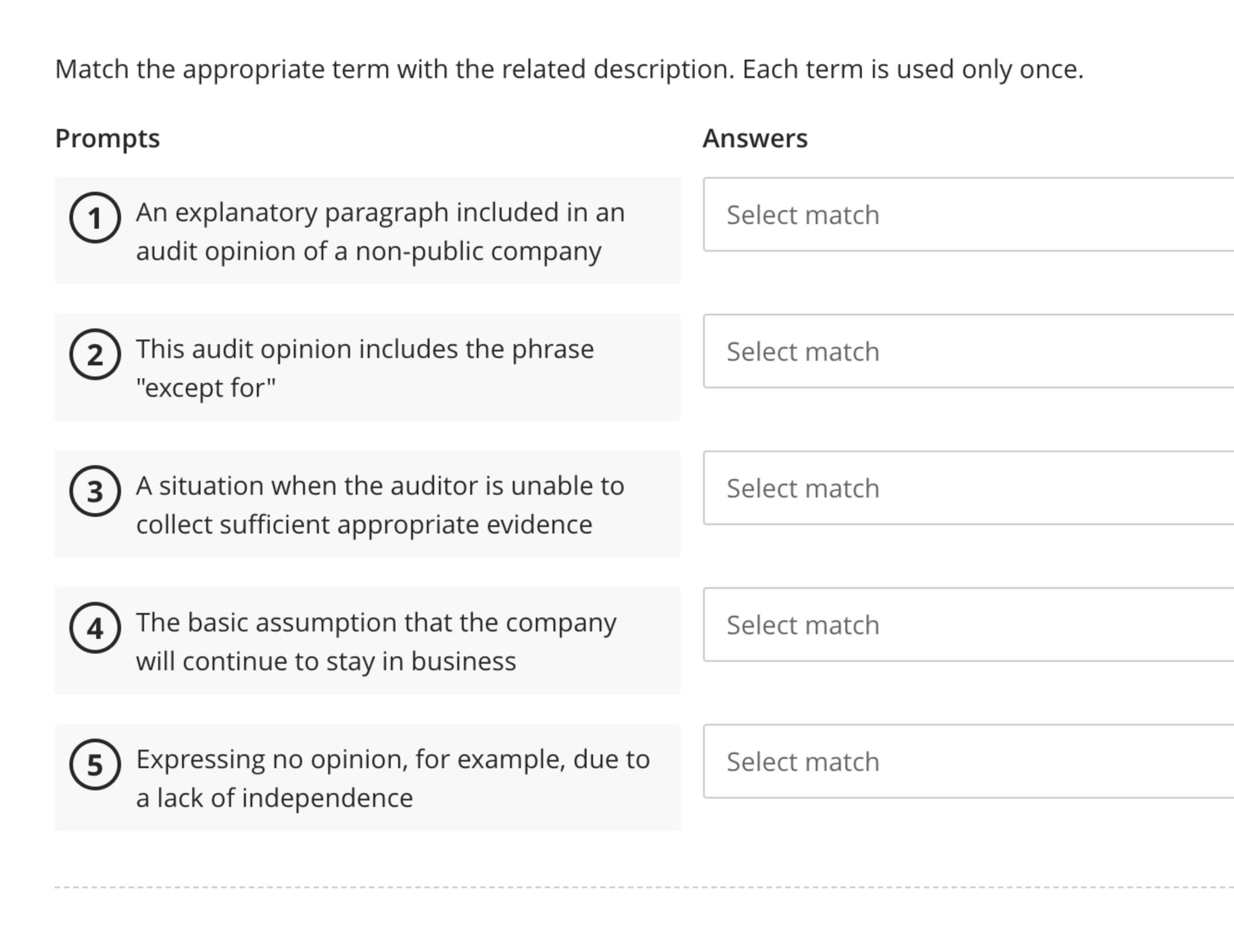 Match the appropriate term with the related description. Each term is used