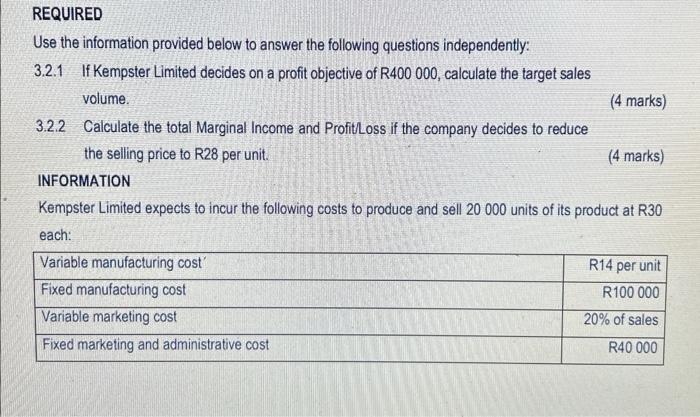 REQUIRED Use the information provided below to answer the following questions independently: