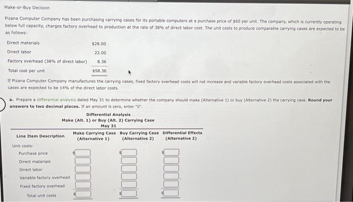 Make-or-Buy Decision Pizana Computer Company has been purchasing carrying cases for its