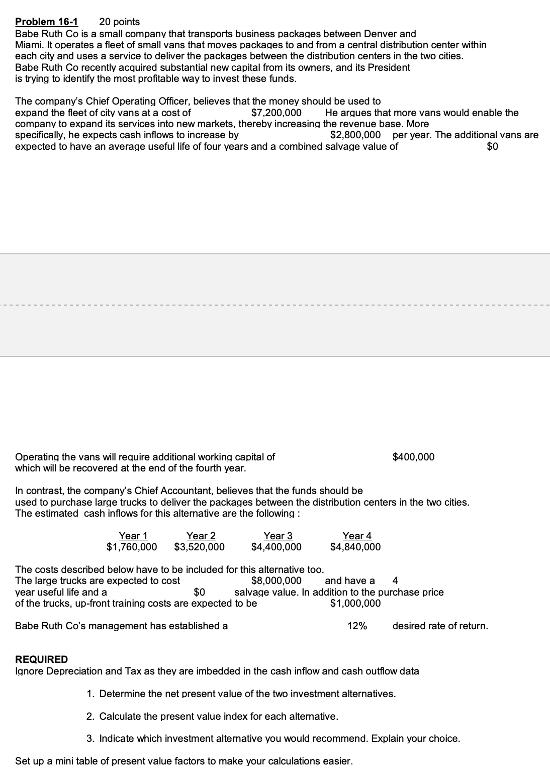 Problem 16-1 20 points Babe Ruth Co is a small company that