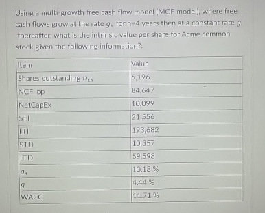 Using a multi-growth free cash flow model (MGF model), where free cash