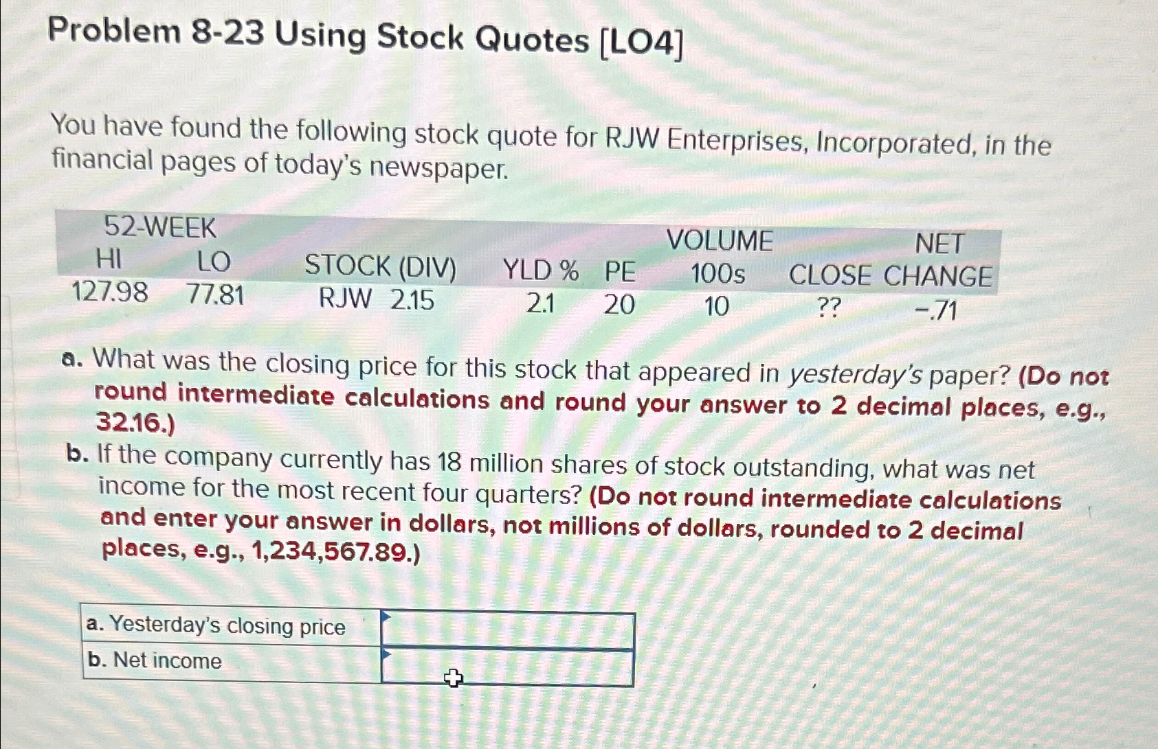 Problem 8-23 Using Stock Quotes [LO4] You have found the following stock