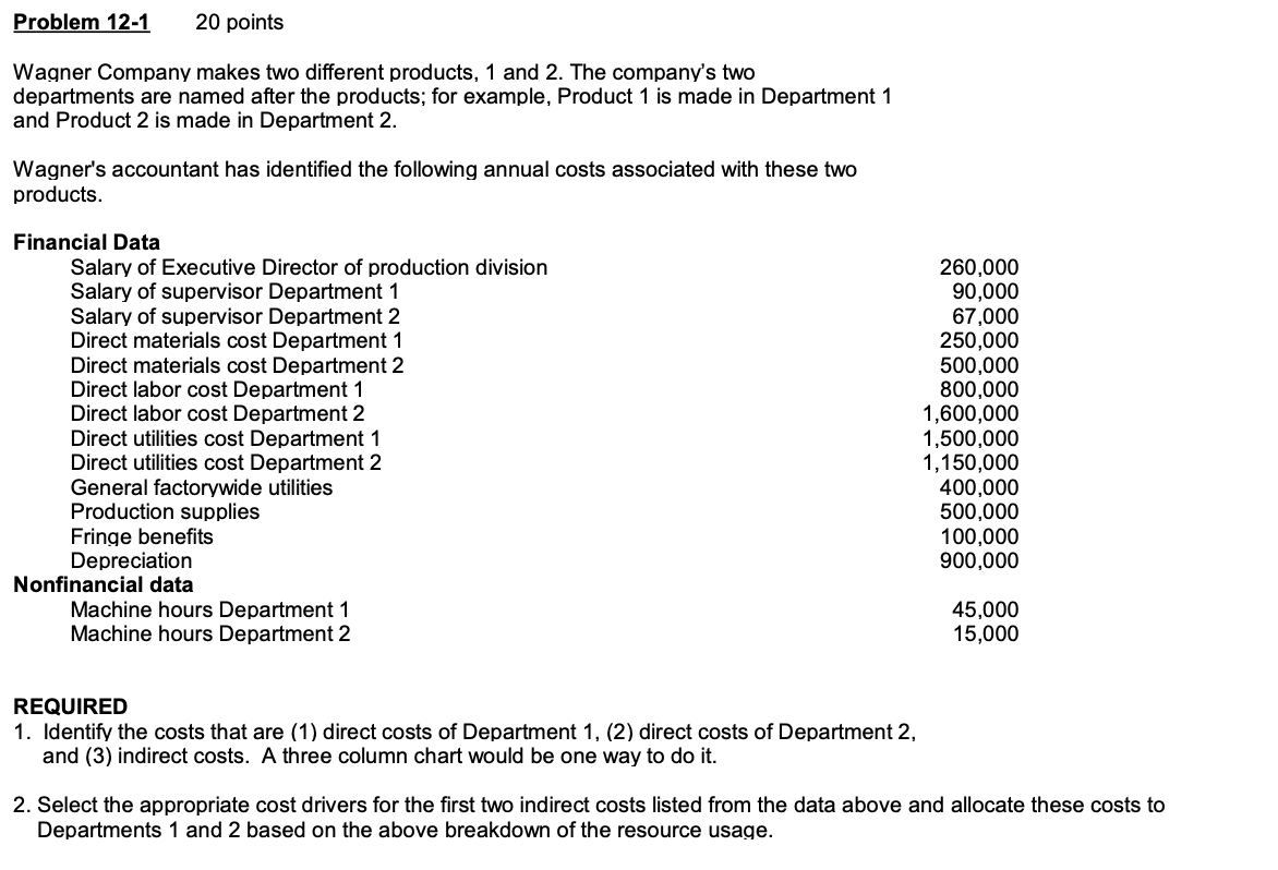 Problem 12-1 20 points Wagner Company makes two different products, 1 and