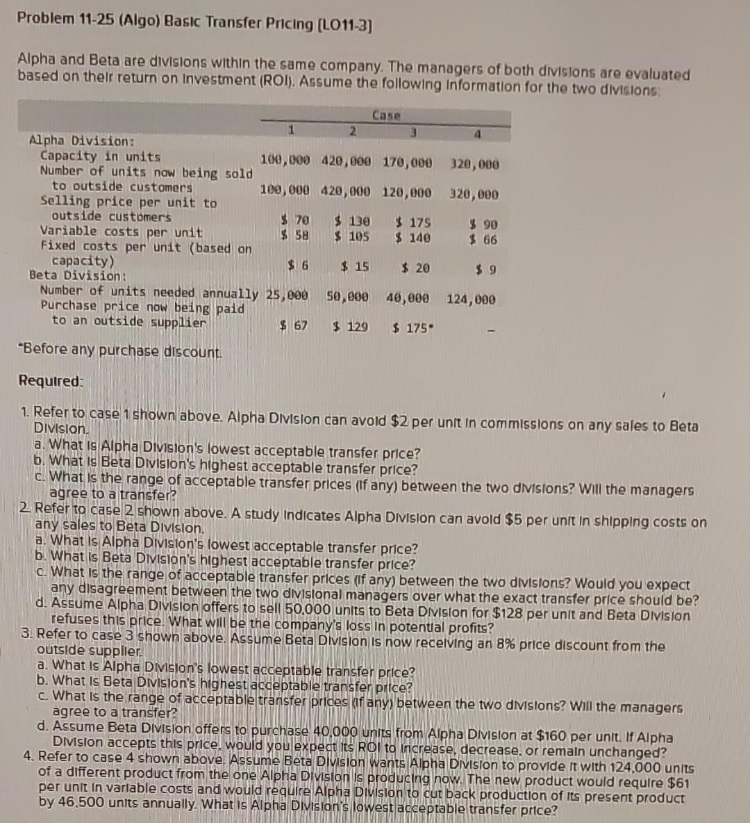 Problem 11-25 (Algo) Basic Transfer Pricing [LO11-3] Alpha and Beta are divisions