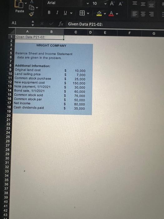 H Problem 21-02 5 6 WRIGHT COMPANY Spreadsheet for the Statement of