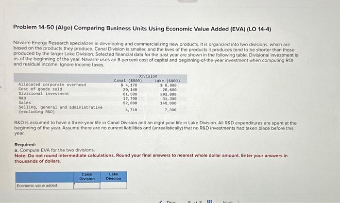 Problem 14-50 (Algo) Comparing Business Units Using Economic Value Added (EVA) (LO