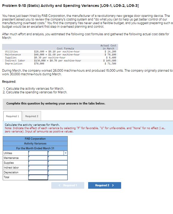 Problem 9-18 (Static) Activity and Spending Varlances [LO9-1, LO9-2, LO9-3] You have