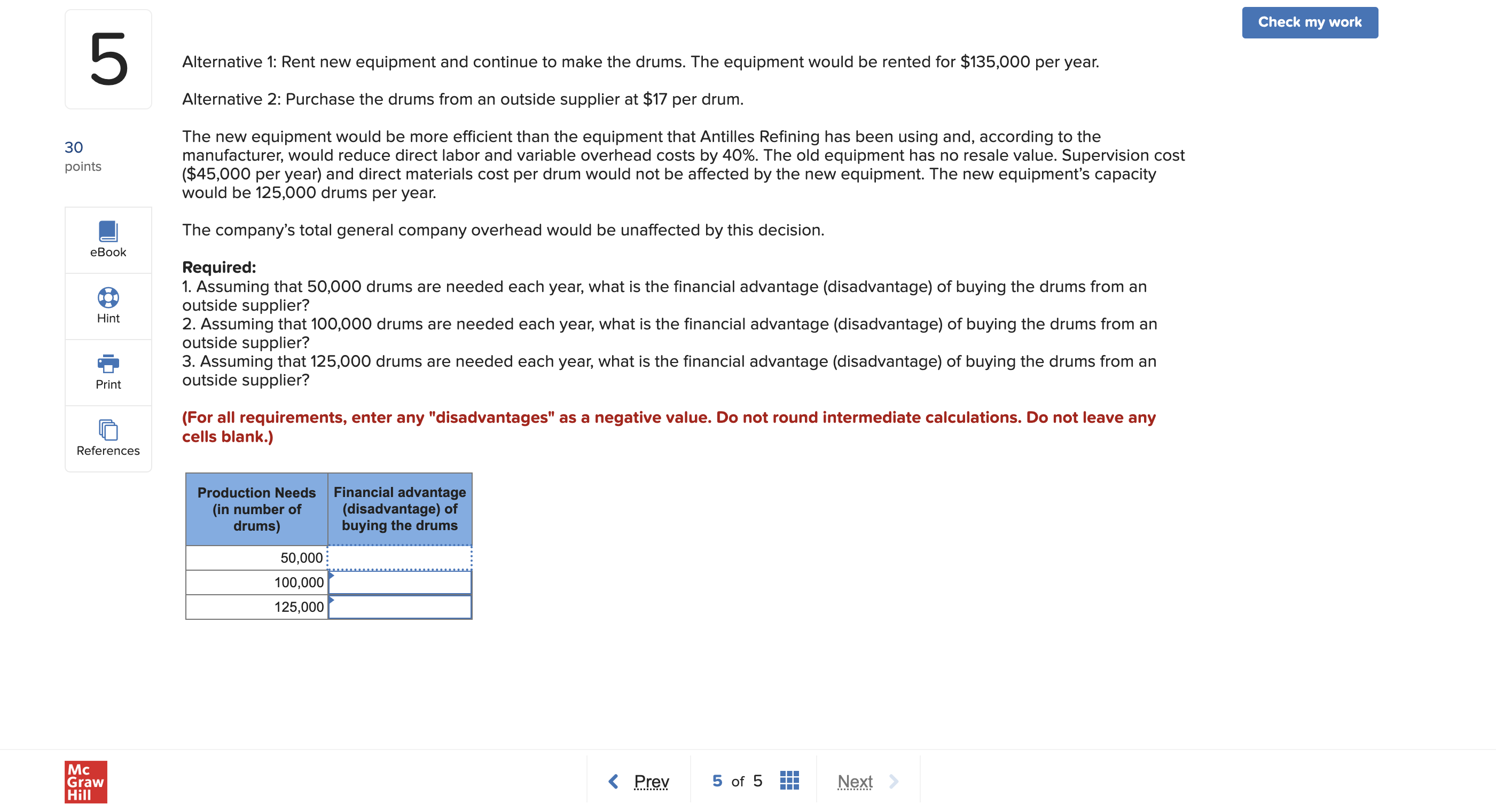 Check my work 5 Alternative 1: Rent new equipment and continue to