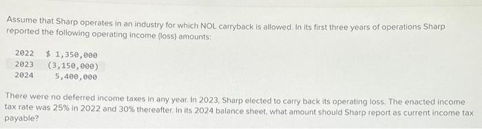 Assume that Sharp operates in an industry for which NOL carryback is