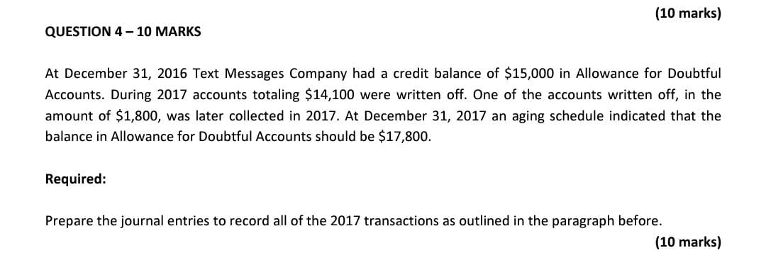 QUESTION 4-10 MARKS (10 marks) At December 31, 2016 Text Messages Company