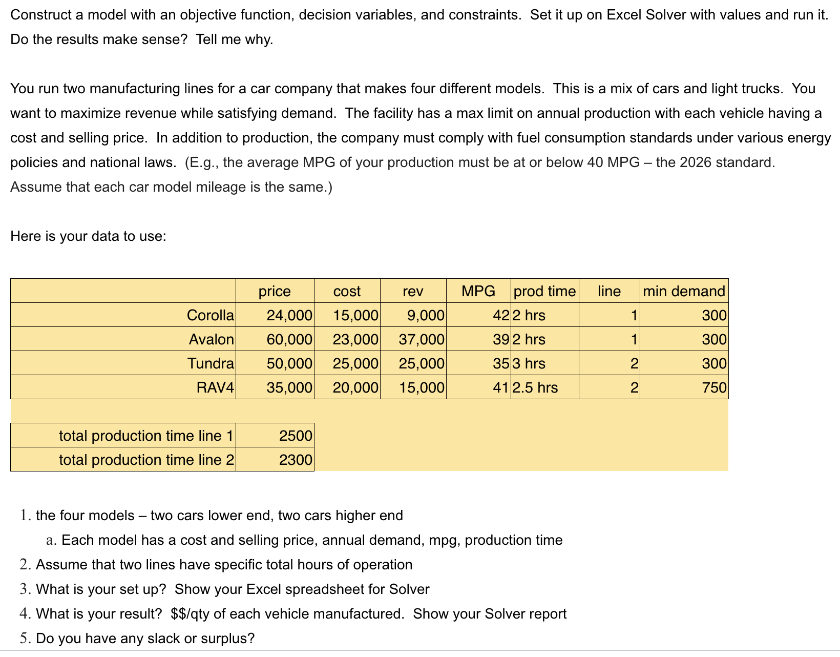 Construct a model with an objective function, decision variables, and constraints. Set