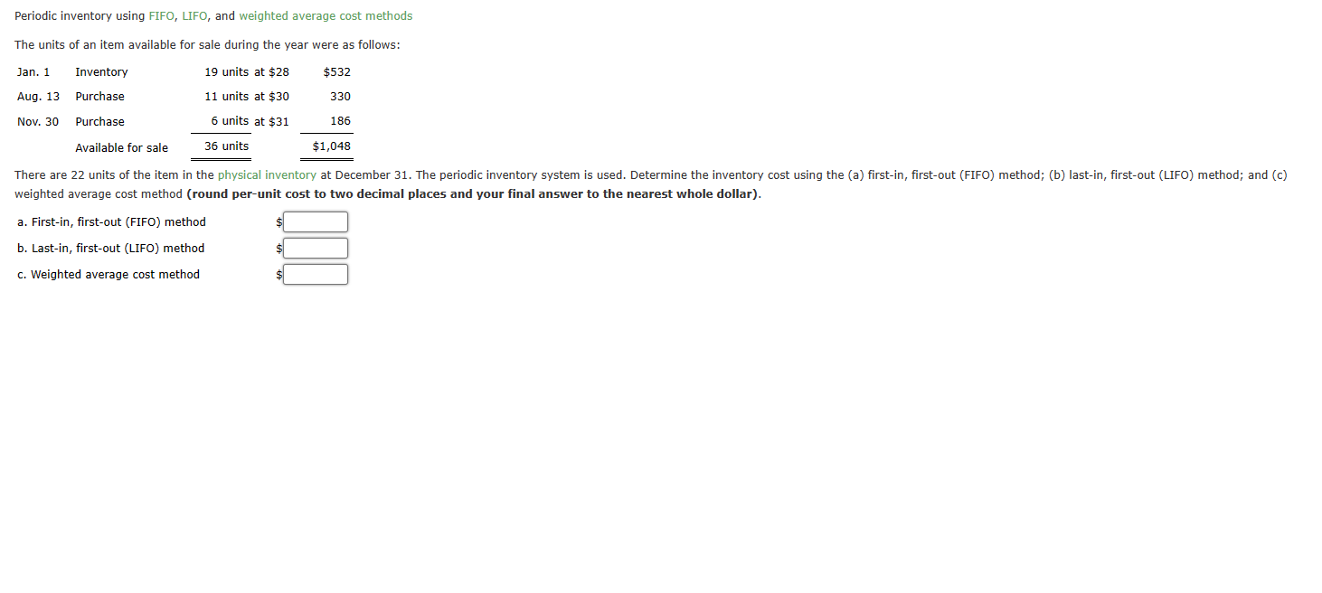 Periodic inventory using FIFO, LIFO, and weighted average cost methods The units
