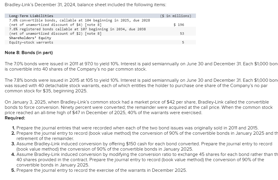 Bradley-Link's December 31, 2024, balance sheet included the following items: Long-Term Liabilities