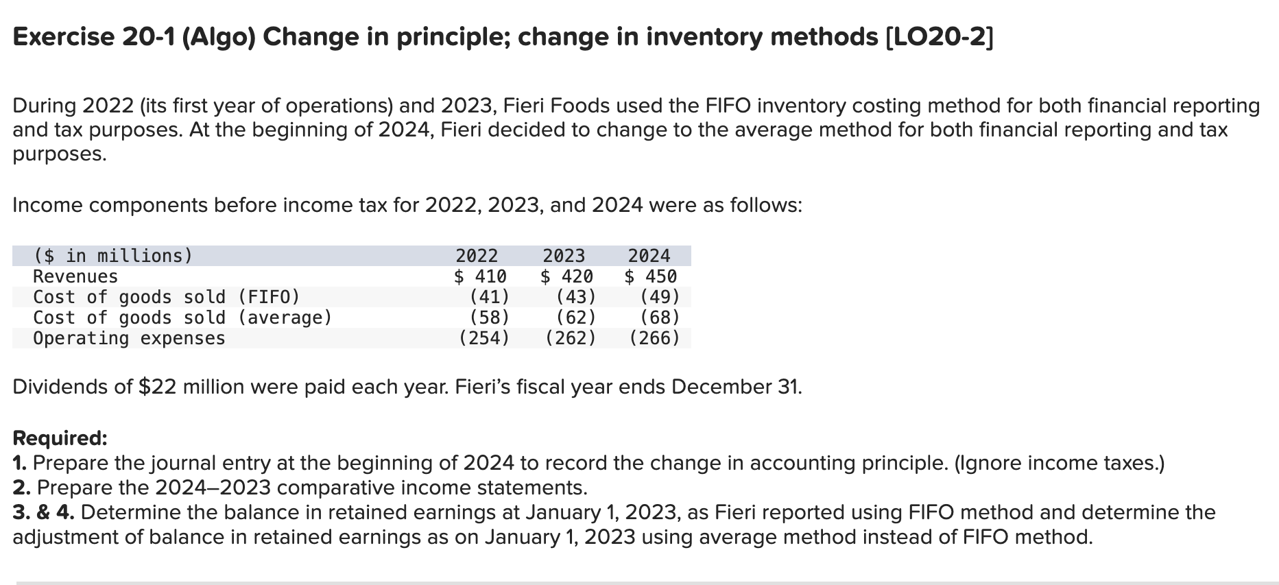 Exercise 20-1 (Algo) Change in principle; change in inventory methods [LO20-2] During