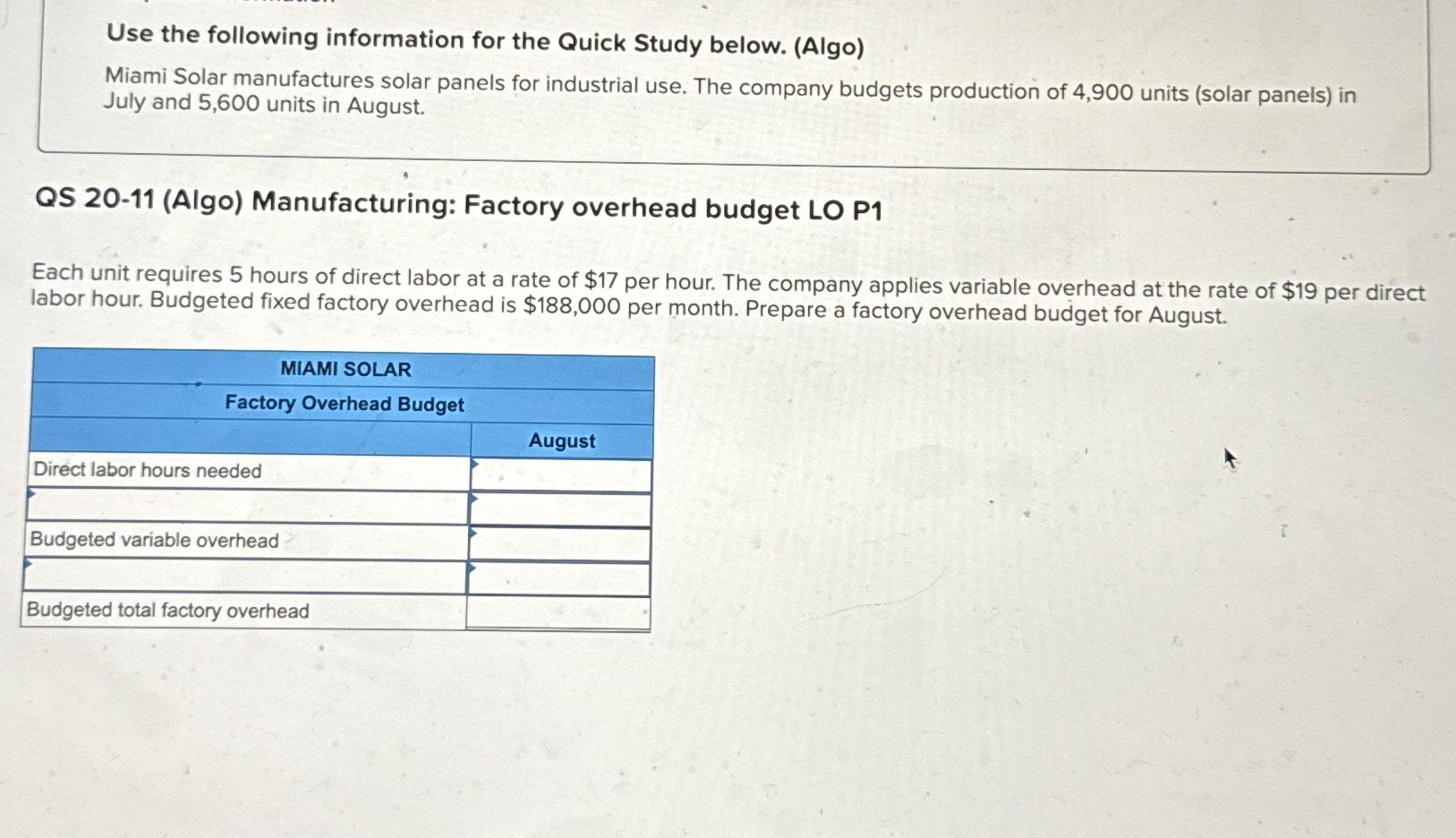 Use the following information for the Quick Study below. (Algo) Miami Solar