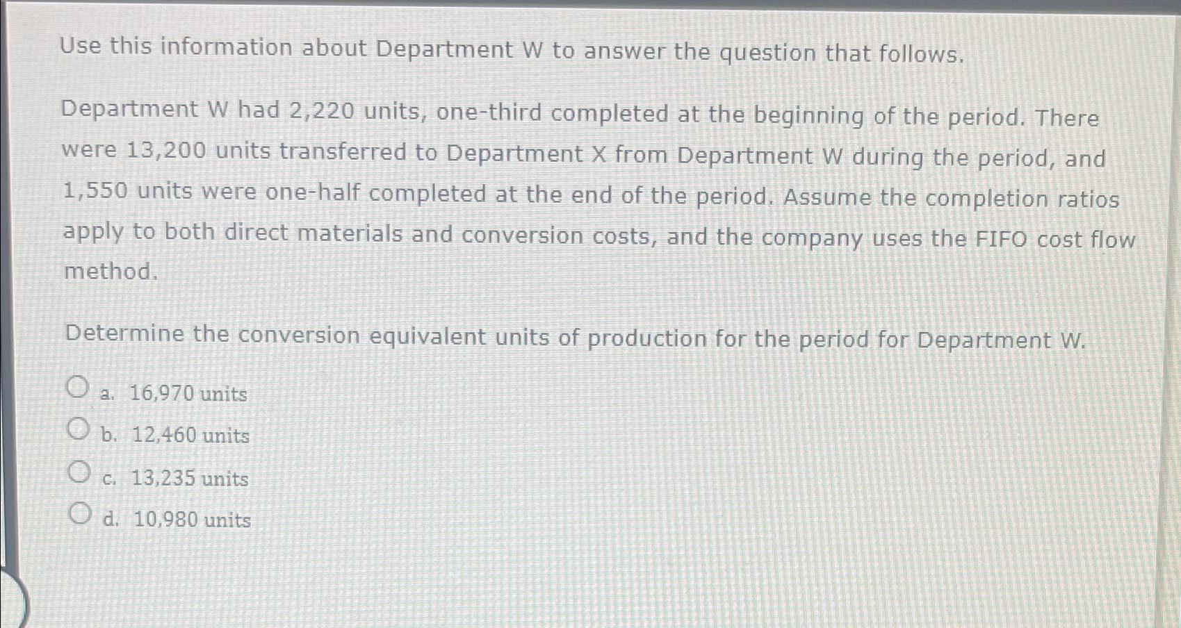 Use this information about Department W to answer the question that follows.