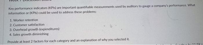 Key performance indicators (KPIs) are important quantifiable measurements used by auditors to