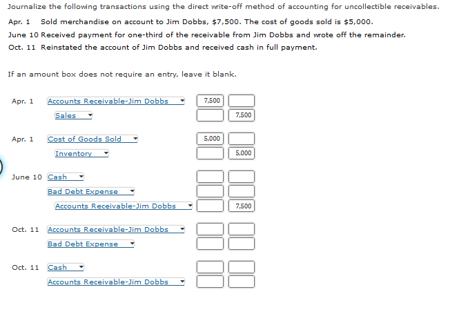 Journalize the following transactions using the direct write-off method of accounting for
