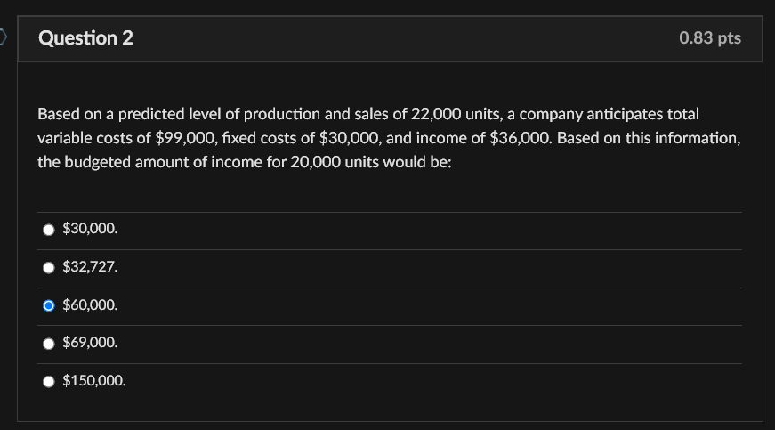 Question 2 0.83 pts Based on a predicted level of production and