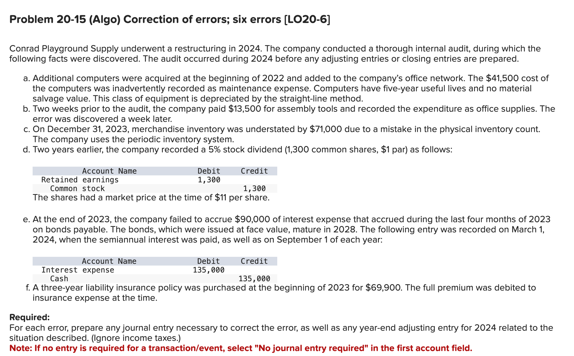 Problem 20-15 (Algo) Correction of errors; six errors [LO20-6] Conrad Playground Supply