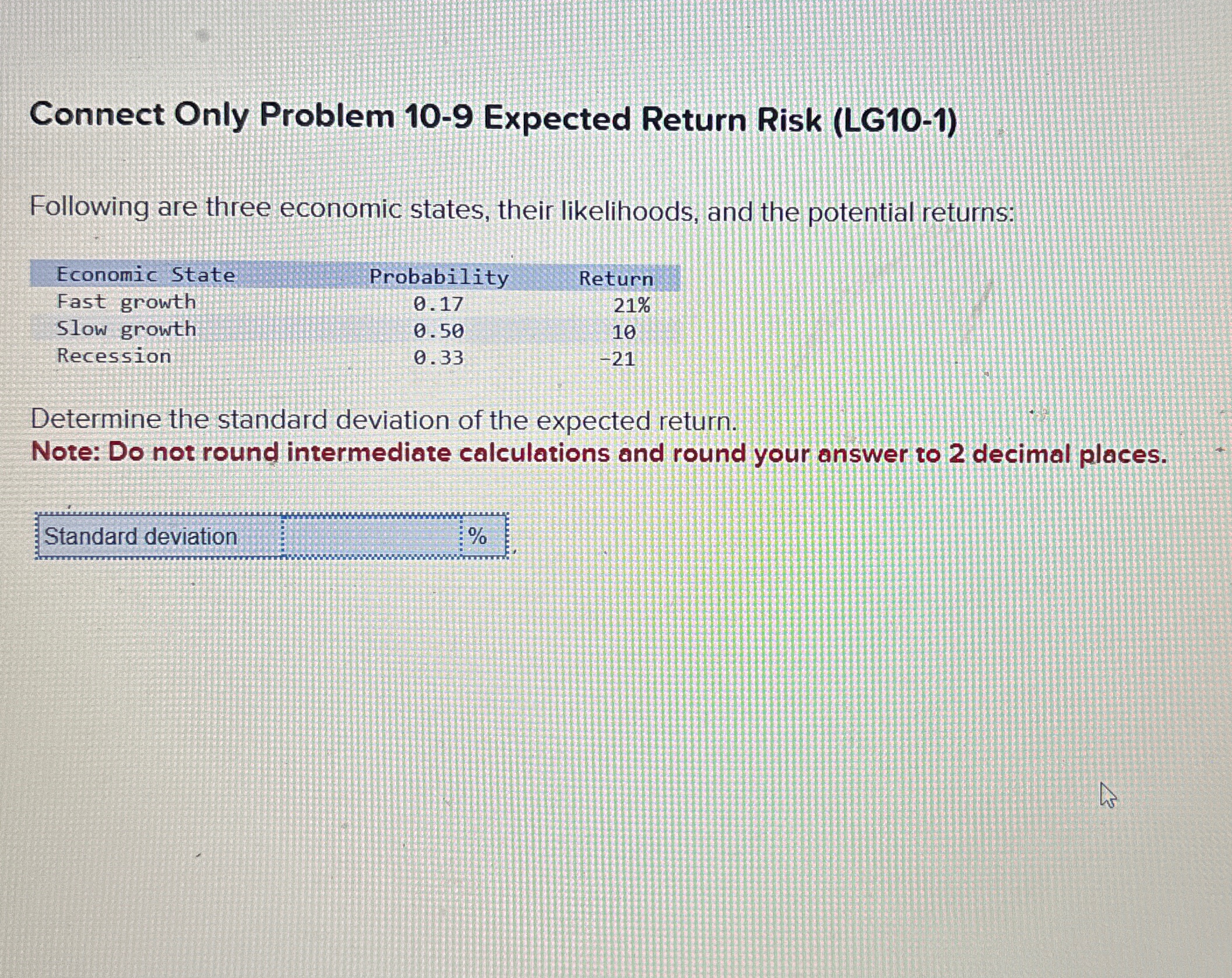 Connect Only Problem 10-9 Expected Return Risk (LG10-1) Following are three economic