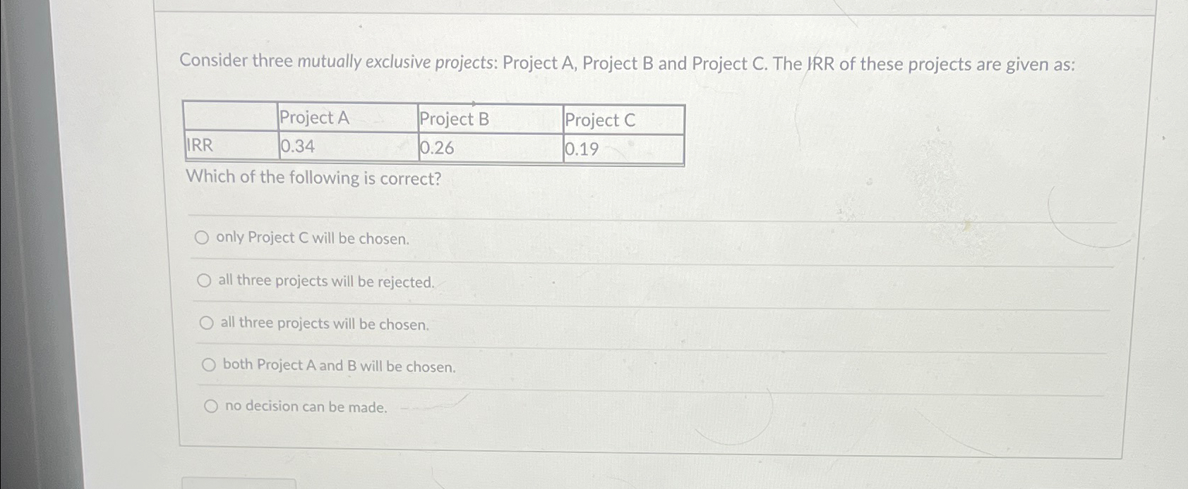 Consider three mutually exclusive projects: Project A, Project B and Project C.