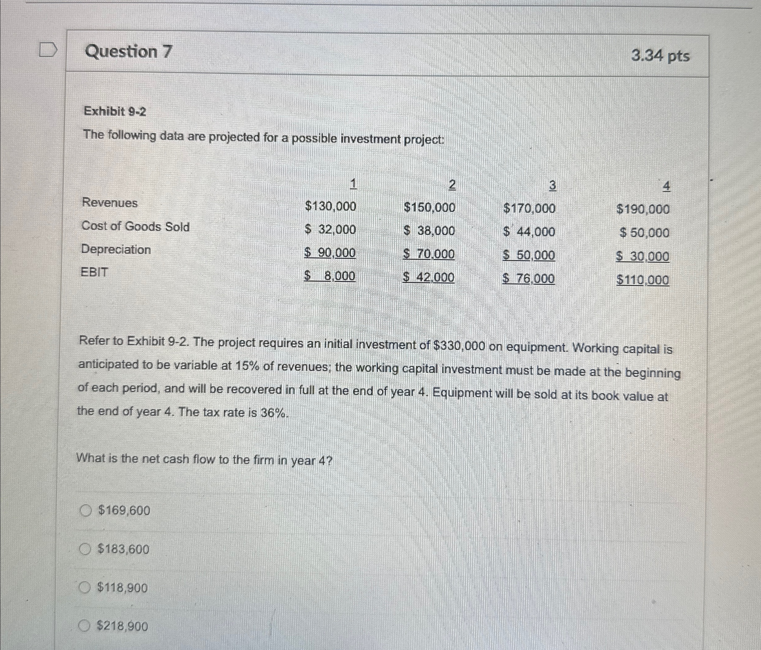 Question 7 Exhibit 9-2 The following data are projected for a possible