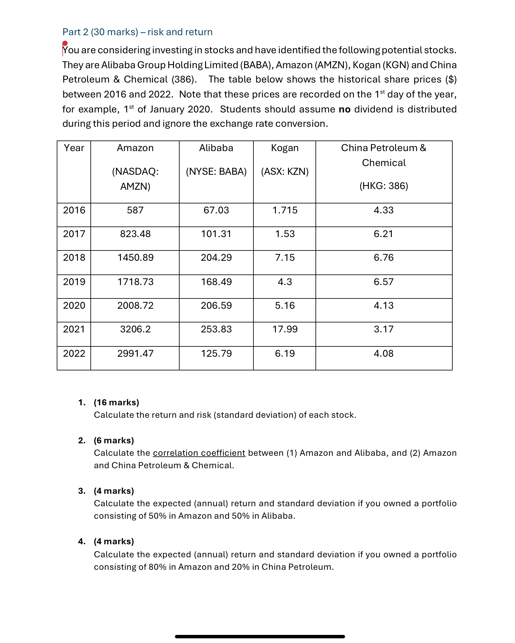 Part 2 (30 marks) risk and return You are considering investing in