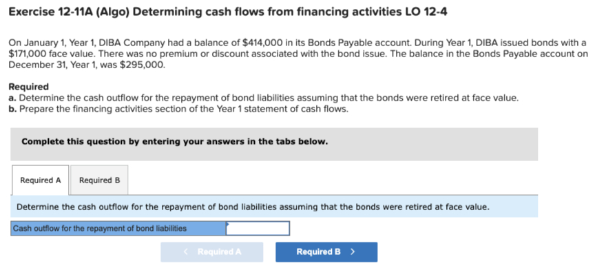Exercise 12-11A (Algo) Determining cash flows from financing activities LO 12-4 On