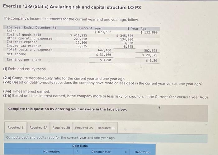 Exercise 13-9 (Static) Analyzing risk and capital structure LO P3 The company's