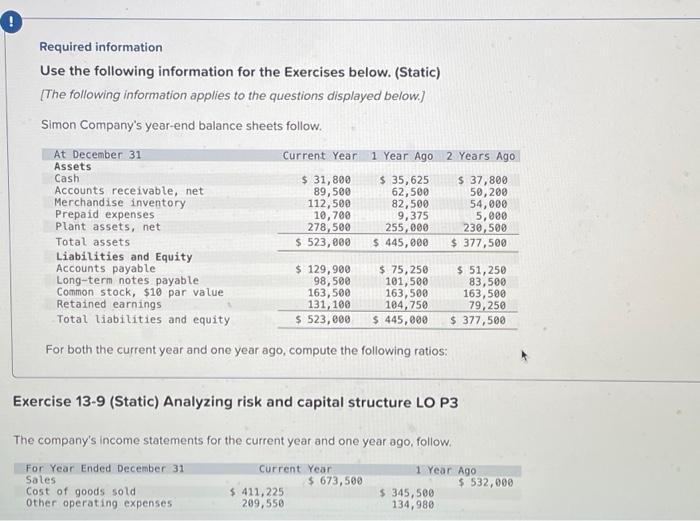 income statements for the current year and one year ago, follow. For