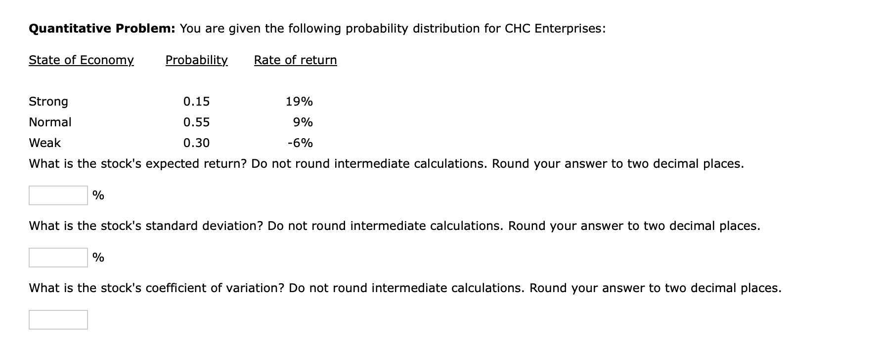 Quantitative Problem: You are given the following probability distribution for CHC Enterprises: