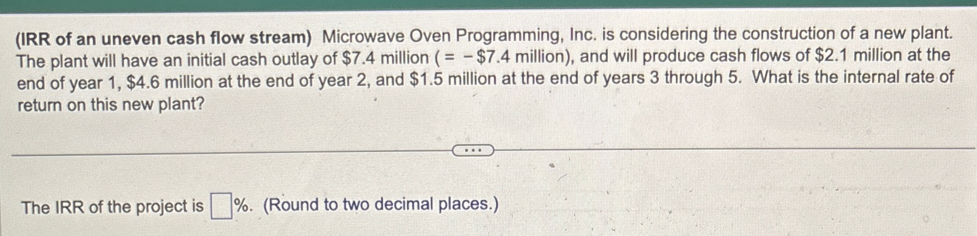 (IRR of an uneven cash flow stream) Microwave Oven Programming, Inc. is