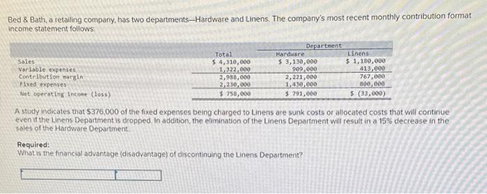Bed & Bath, a retailing company, has two departments-Hardware and Linens. The