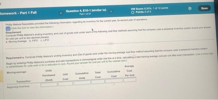 2 Homework - Part 1 Fall Question 4, E10-1 (similar to) Part