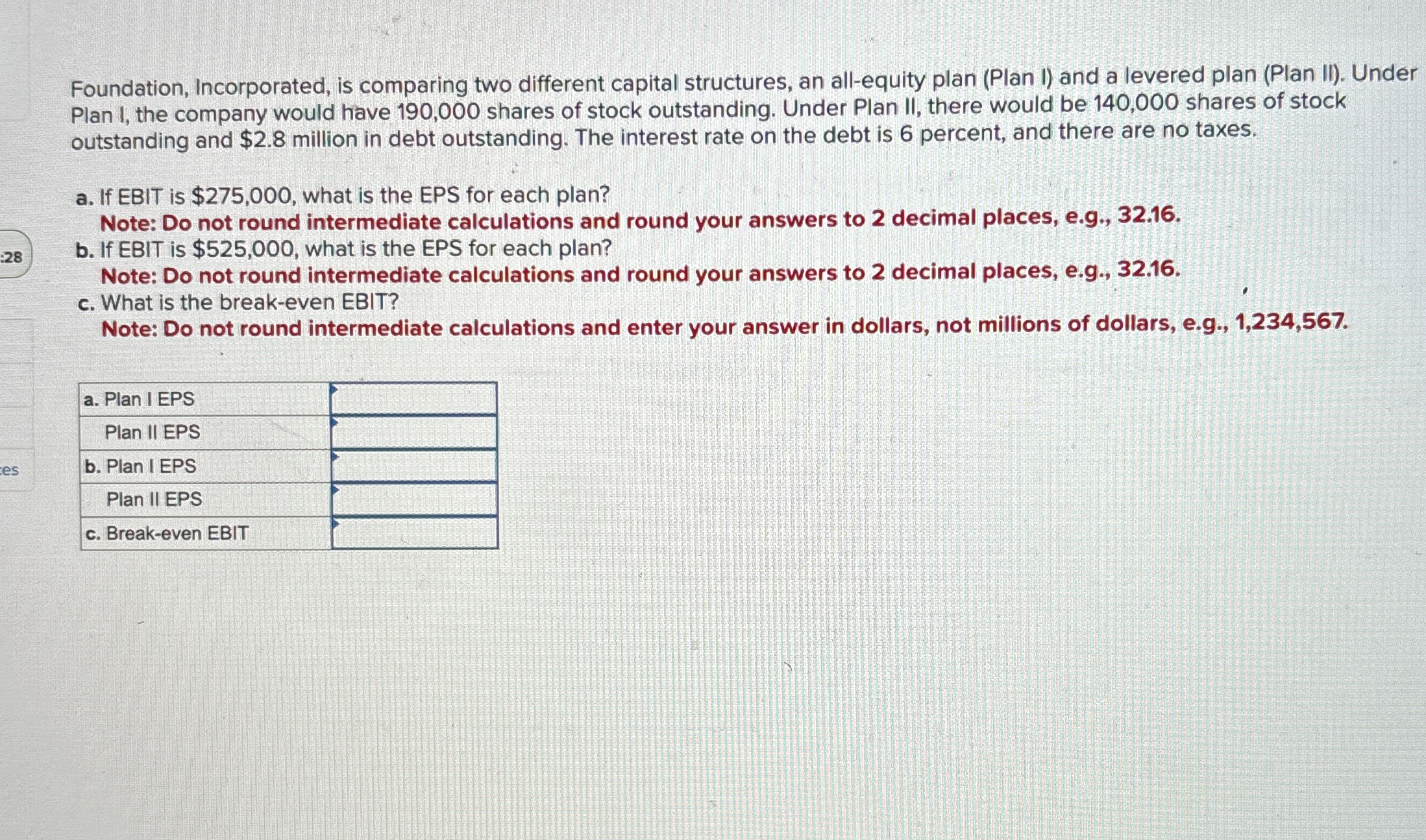 :28 ces Foundation, Incorporated, is comparing two different capital structures, an all-equity
