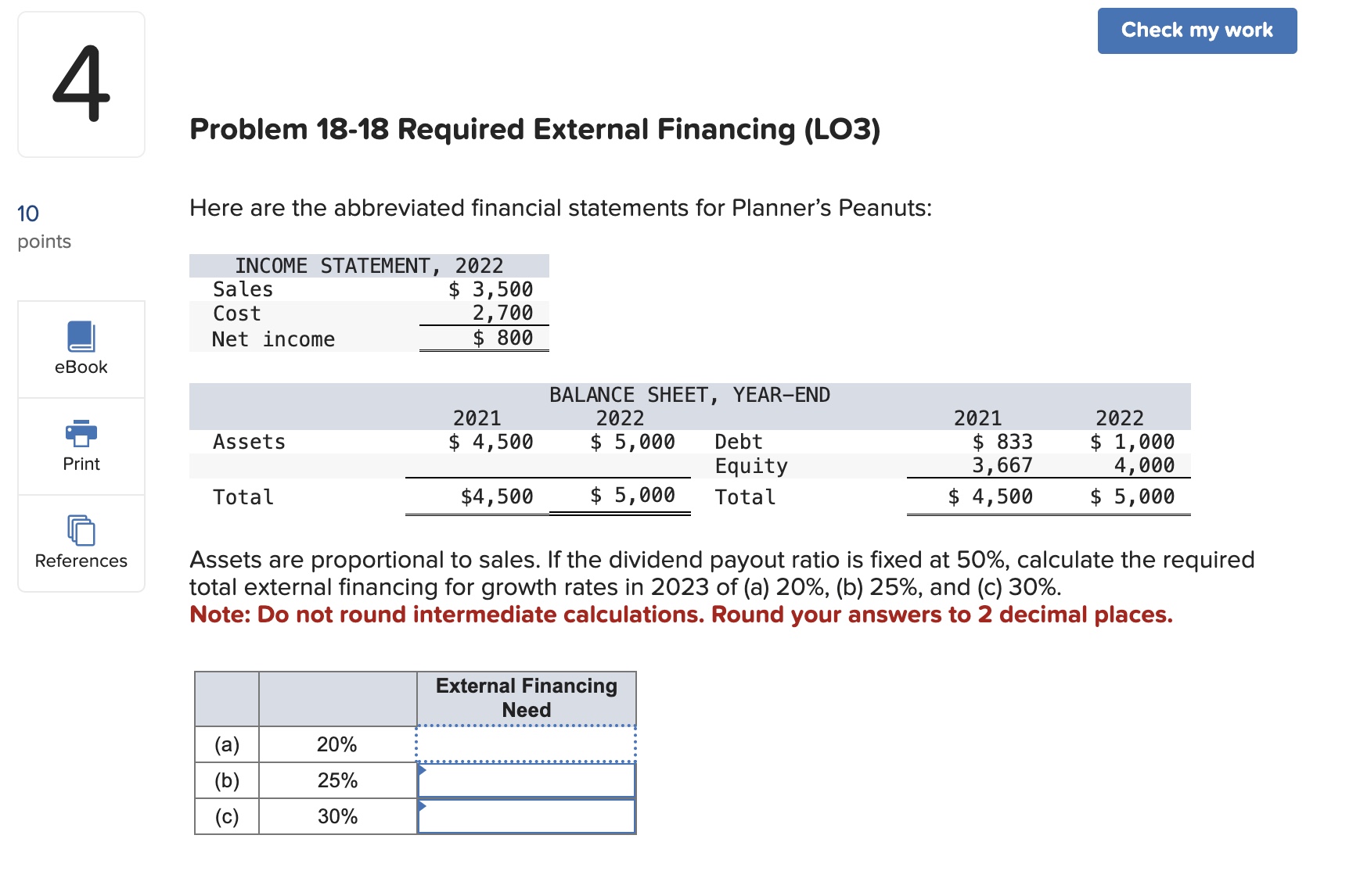 10 4 points Problem 18-18 Required External Financing (LO3) Here are the