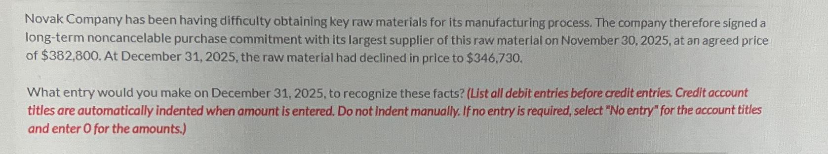 Novak Company has been having difficulty obtaining key raw materials for its