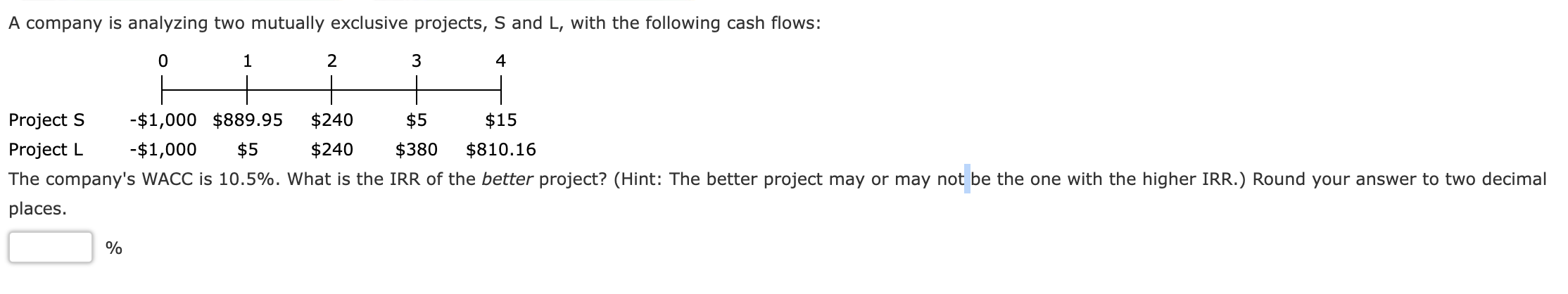 A company is analyzing two mutually exclusive projects, S and L, with