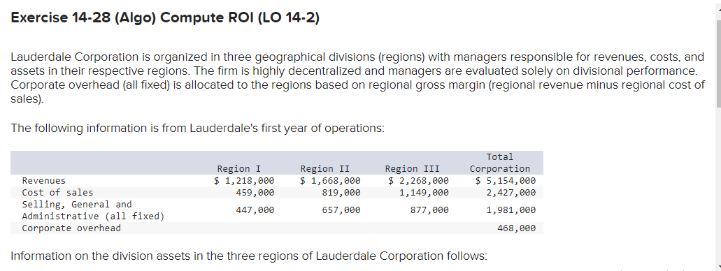 the division ROI for each of the three regions. Note: Do not