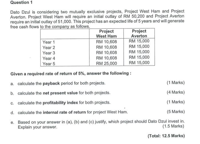 Question 1 Dato Dzul is considering two mutually exclusive projects, Project West