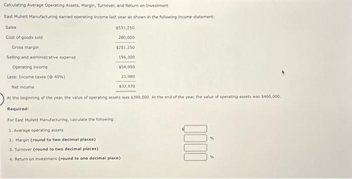 Calculating Average Operating Assets, Margin, Turnover, and Return on Investment East Mullett