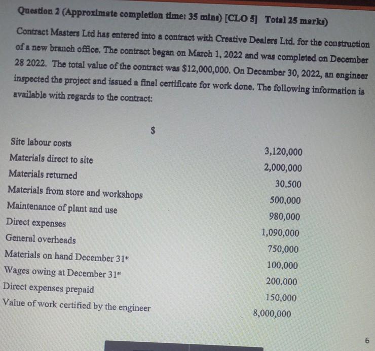 Question 2 (Approximate completion time: 35 mins) [CLO 5] Total 25 marks)