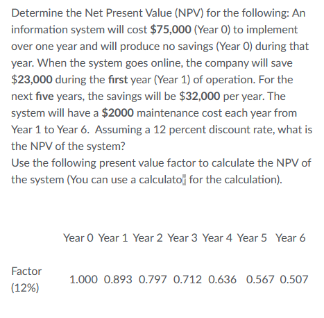 Determine the Net Present Value (NPV) for the following: An information system