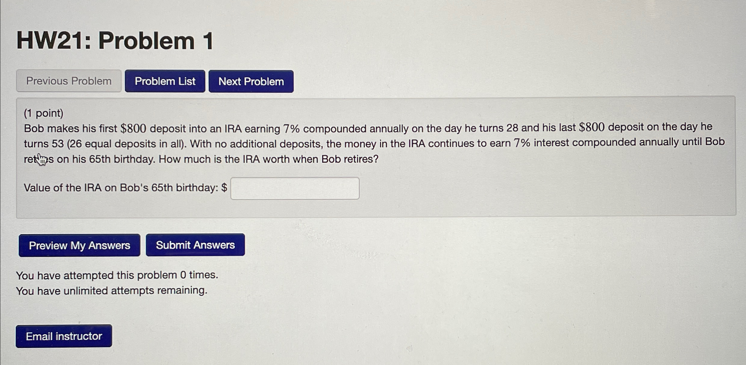 HW21: Problem 1 Previous Problem Problem List Next Problem (1 point) Bob